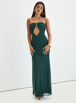 front view of model wearing Princess Polly Gomeza Strapless Cut Out Maxi Dress Dark Green Straight Neck 