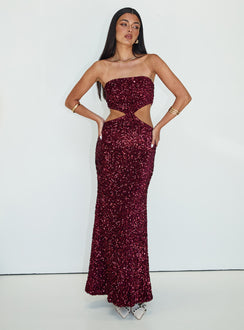 front view of model wearing Princess Polly Regalia Strapless Maxi Dress Burgundy Straight Neck 