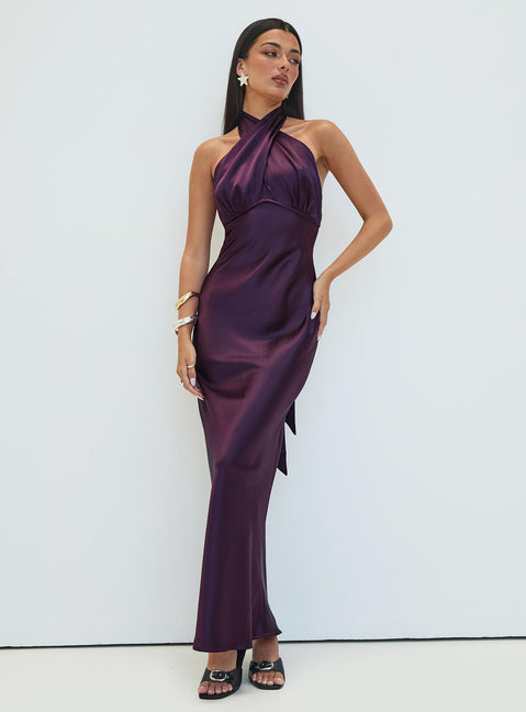 front view of model wearing Princess Polly Rosaminta Halter Maxi Dress Plum Petite High Neck 