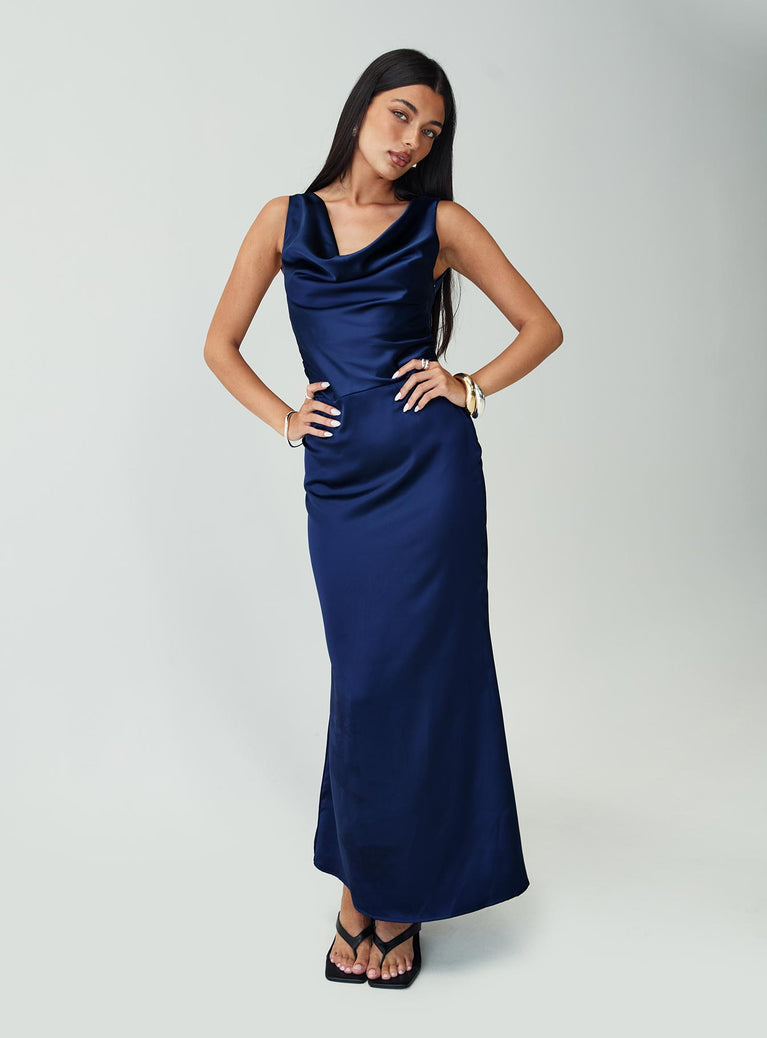 front view of model wearing Princess Polly Soprano Plunge Maxi Dress Navy Cowl Neck 