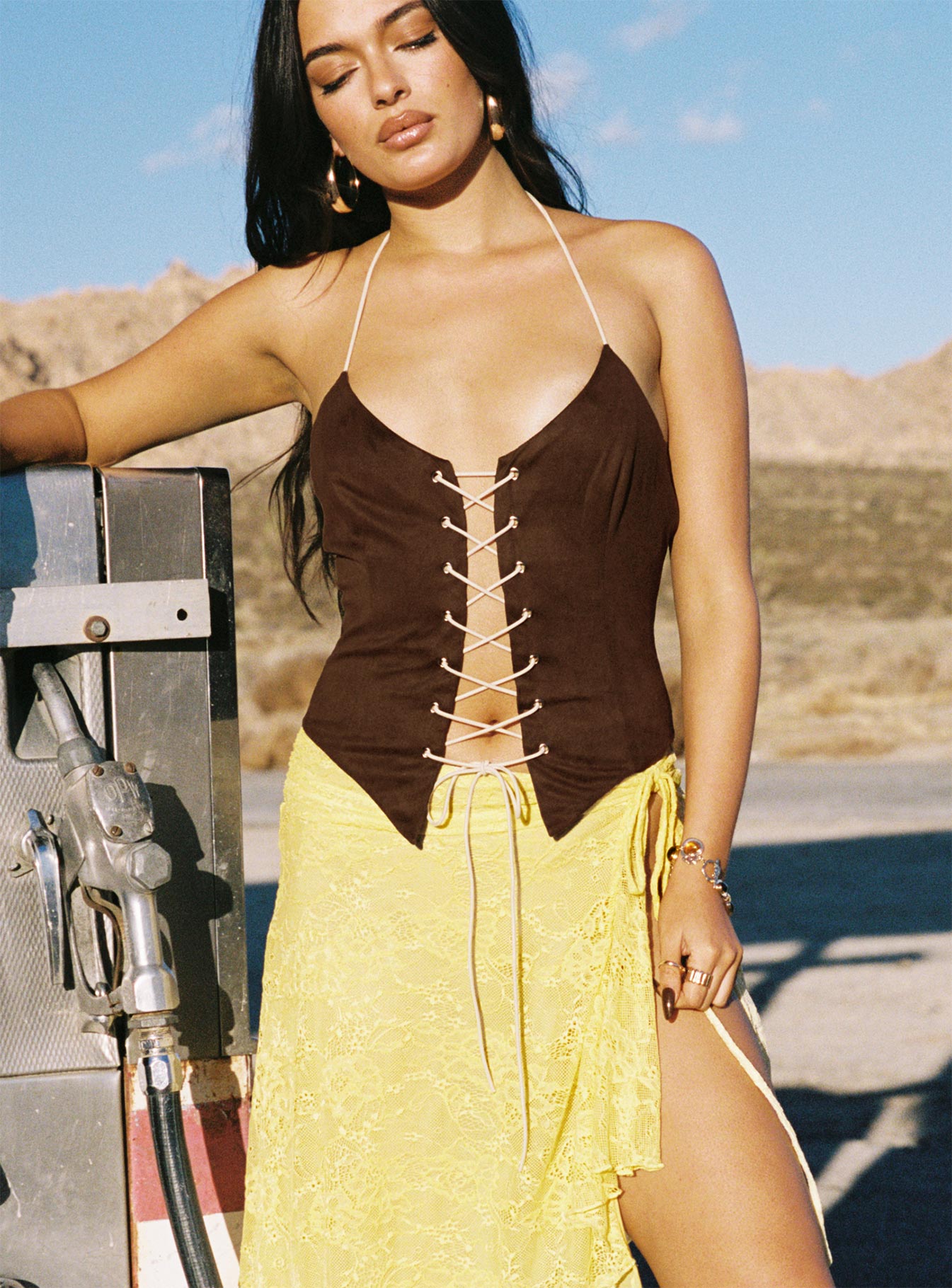 front view of model wearing Princess Polly Dawn To Dusk Faux Suede Top Brown Sleeveless Plunger 