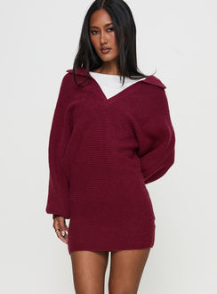 back view of model wearing Princess Polly Thorelle Sweater Mini Dress Burgundy V-Neck 