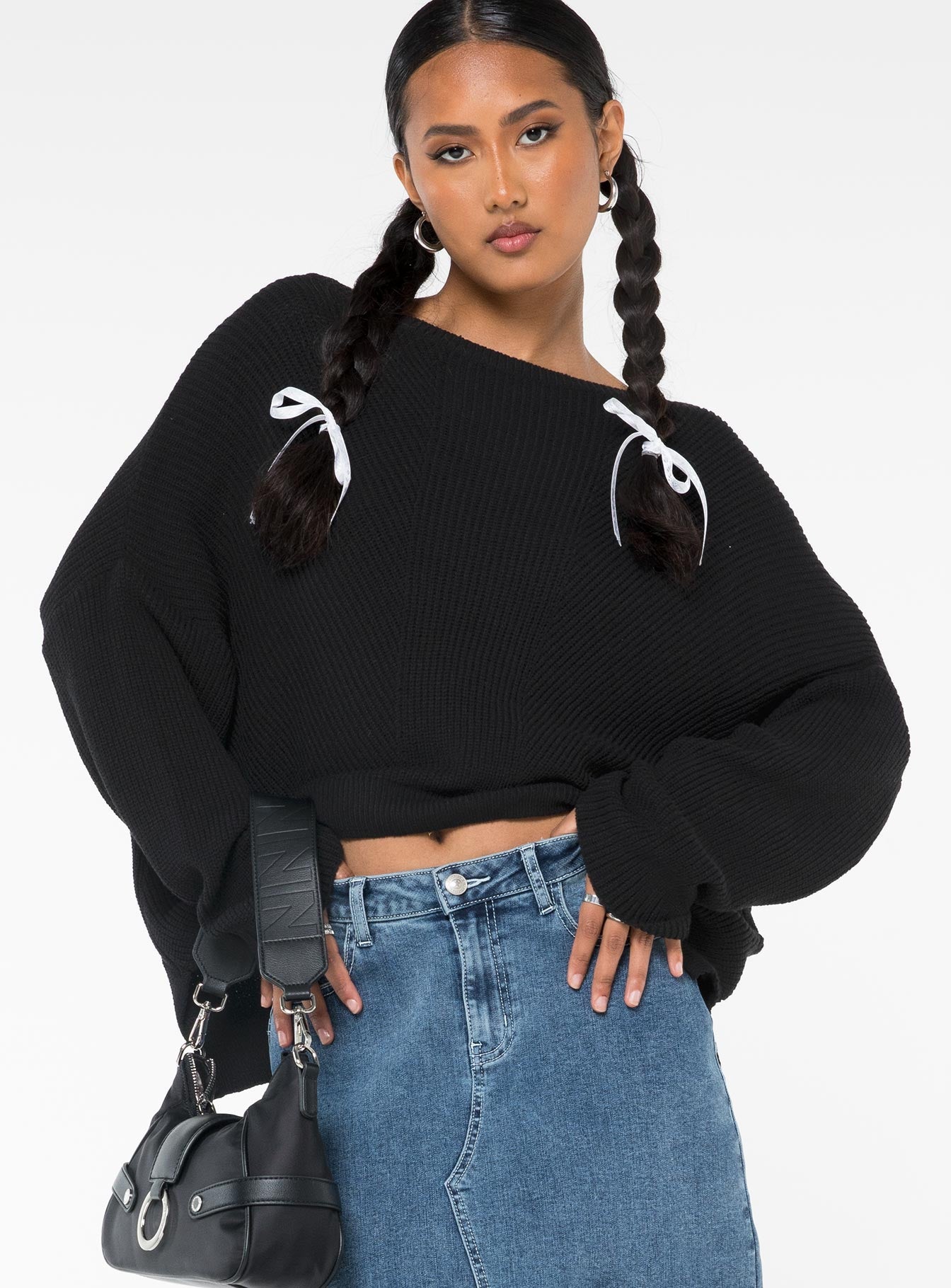 front view of model wearing Princess Polly Eames Sweater Black Long 