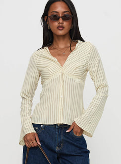 front view of model wearing Princess Polly Life Begins Long Sleeve Lace Trim Top Cream Stripe Full Sleeves V-Neck 