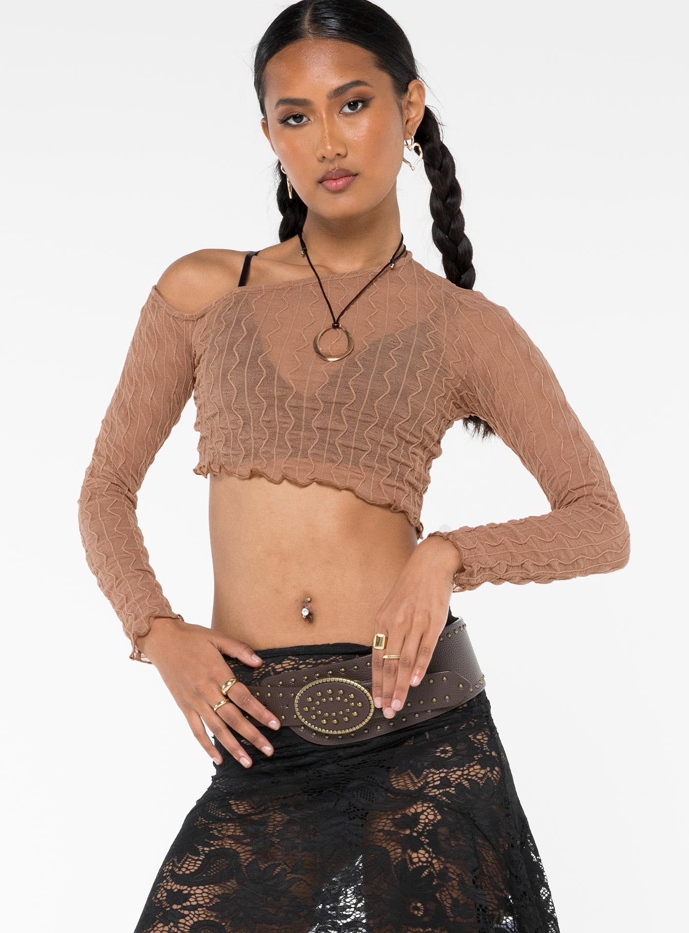 Front view of model wearing  front Princess Polly Full Sleeves Square Neck  Macgraw Off The Shoulder Top Beige