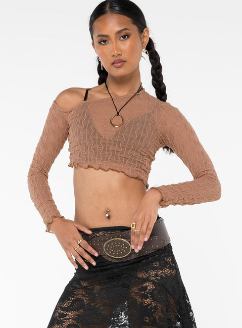 Front view of model wearing  front Princess Polly Full Sleeves Square Neck  Macgraw Off The Shoulder Top Beige