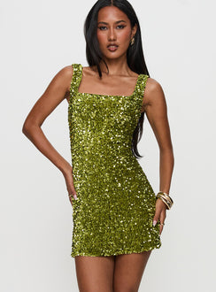 front view of model wearing Princess Polly Miss Me Sequin Mini Dress Chartreuse Square Neck 
