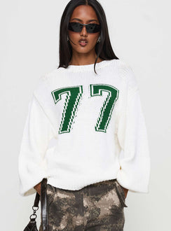 back view of model wearing Princess Polly Summer 77 Knit Sweater White / Green 