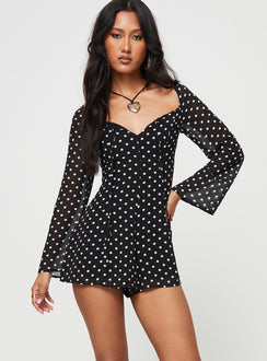 Polka dot romper Square neckline, tie fastening at bust, invisible zip fastening at back Non-stretch material, fully lined