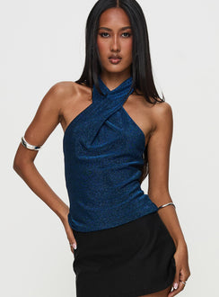 front view of model wearing Princess Polly Treat Me Nice Cross Neck Top Blue Glitter Sleeveless High Neck 