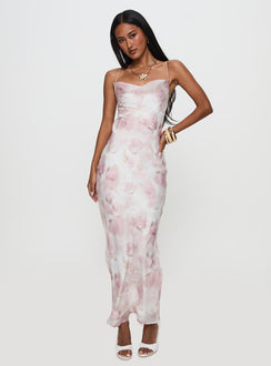 side view of model wearing Princess Polly Kalyssa Maxi Dress Multi Floral Cowl Neck 