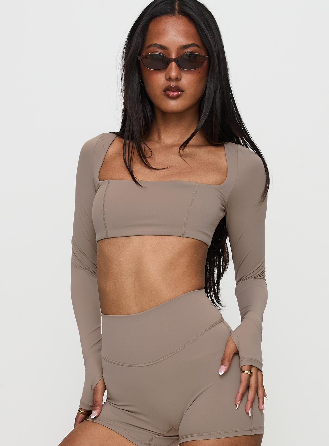 Set Point Active Square Neck Long Sleeve Top Taupe
