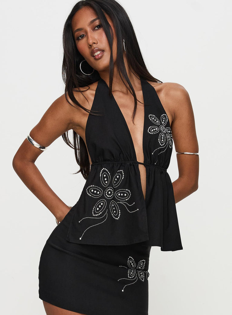 front view of model wearing Princess Polly Quotation Diamante Halter Backless Top Black Sleeveless Plunger 