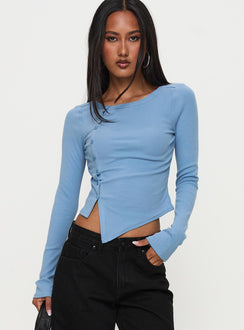 front view of model wearing Princess Polly Baseline Rib Long Sleeve Top Blue Full Sleeves Crew Neck 
