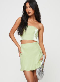 Matching satin set Strapless top, invisible zip fastening at side, inner silicone strip at bust Mini skirt, high rise, invisible zip fastening at back