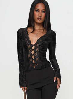 front view of model wearing Princess Polly Find An Angel Long Sleeve Lace Trim Top Black Full Sleeves Plunger 