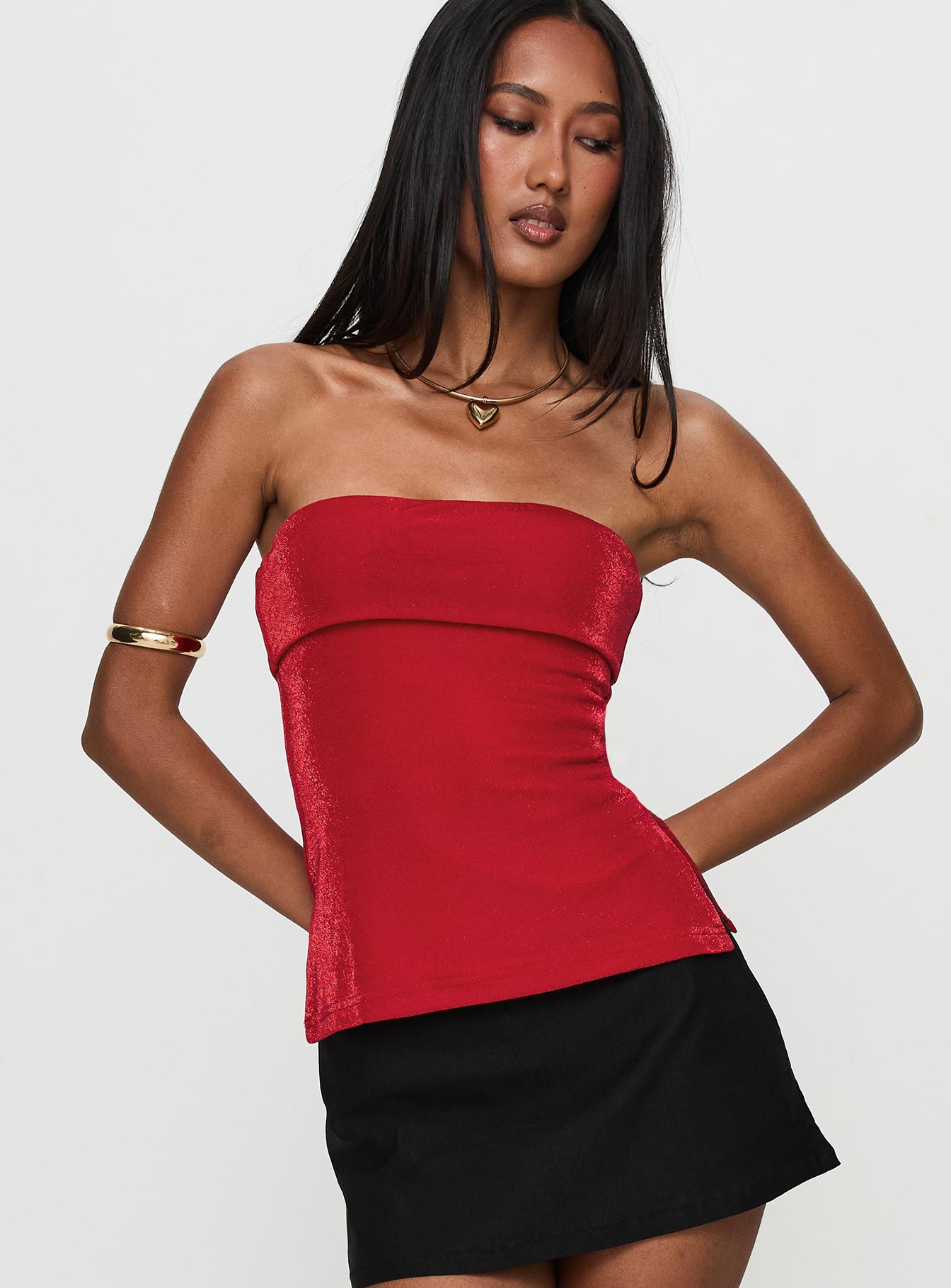 front view of model wearing Princess Polly Strutter Strapless Top Glitter Sleeveless straight 