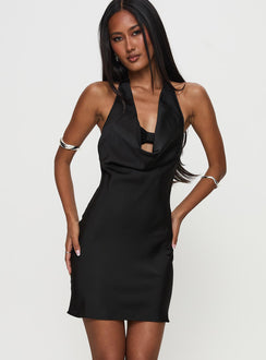side view of model wearing Princess Polly Tempeste Halter Mini Dress Black Cowl Neck 
