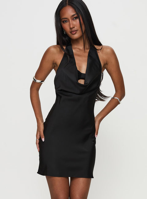 side view of model wearing Princess Polly Tempeste Halter Mini Dress Black Cowl Neck 