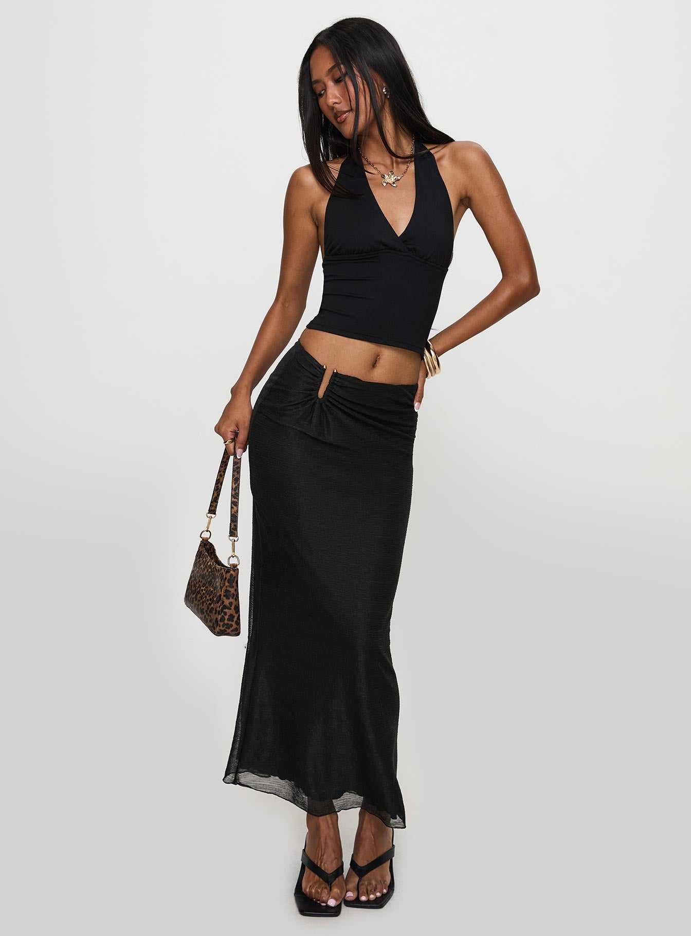   front view of model wearing Princess Polly Satine Maxi Skirt Black Maxi 