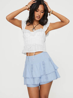 front view of model wearing Princess Polly Cheyla Shorts Blue High Waisted Shorts 