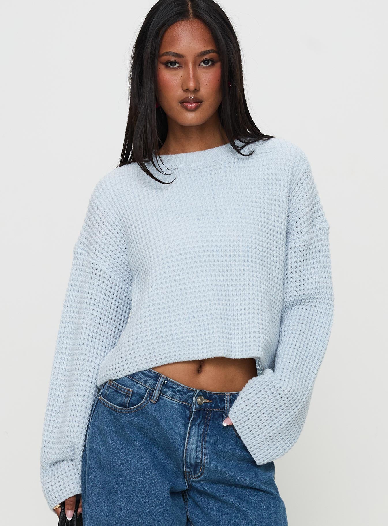 front view of model wearing Princess Polly Elinda Knit Sweater Blue Cropped 