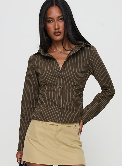 front view of model wearing Princess Polly Held My Hand Long Sleeve Top Brown Stripe Full Sleeves High Neck 