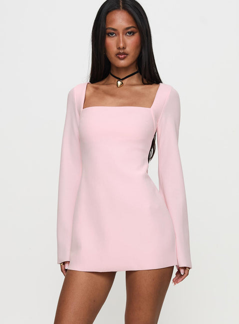 back view of model wearing Princess Polly Bombshell Long Sleeve Mini Dress Pink Square Neck 
