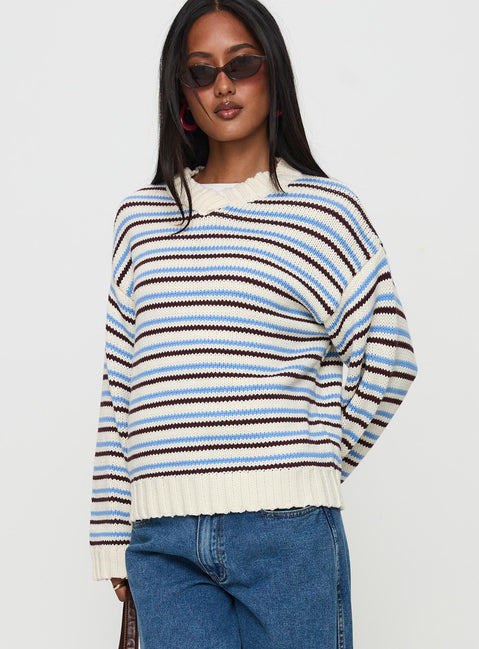 side view of model wearing Princess Polly Karolyn Sweater Blue Stripe Long 