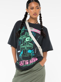 Front view of model wearing  front Princess Polly Half Sleeves Asymmetric Neckline  Beastie Boys World Tour Oversized Tee Black