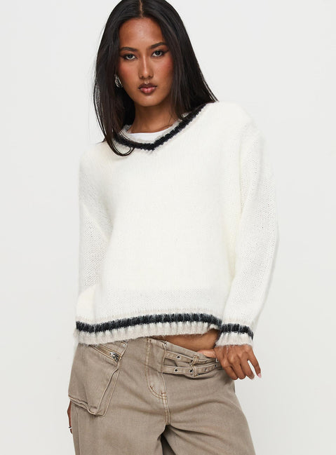side view of model wearing Princess Polly Federation V Neck Knit Sweater White Long 