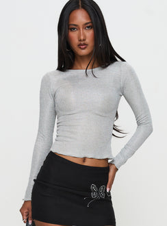 side view of model wearing Princess Polly Context Long Sleeve Top Silver Full Sleeves Crew Neck 
