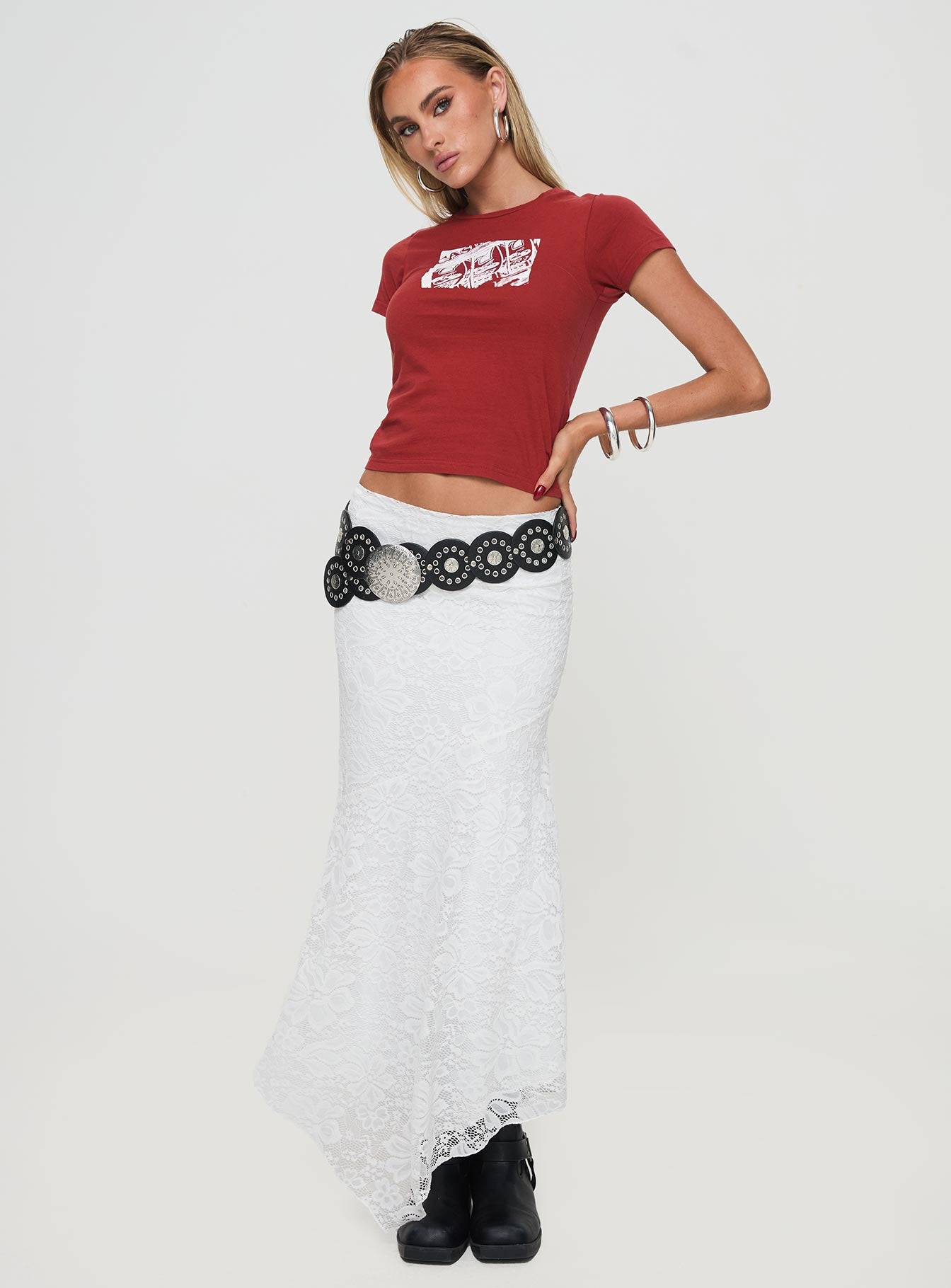   front view of model wearing Princess Polly Cattanio Lace Midi Skirt White Maxi 