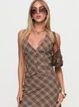 front view of model wearing Princess Polly Terrace Halter Top Brown Check Sleeveless Plunger 