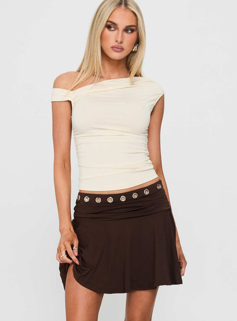   front view of model wearing Princess Polly Amryn Eyelet Mini Skirt Brown Mini Skirts 