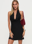 front view of model wearing Princess Polly Ocean Boulevard Plunge Mini Dress Black Cowl Neck 