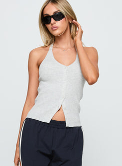 side view of model wearing Princess Polly Suzu Knit Halter Top Grey Sleeveless V-Neck 