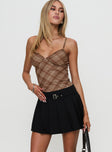 front view of model wearing Princess Polly Breigh Top Brown Check Sleeveless Plunger 