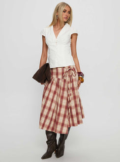   front view of model wearing Princess Polly Norie Wrap Pleat Midi Skirt Red Plaid Midi Skirts 