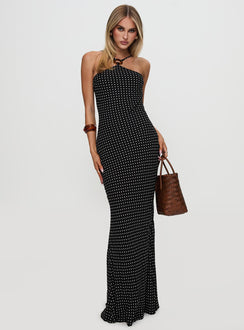 front view of model wearing Princess Polly Evyn Halter Maxi Dress Polka Dot Asymmetric Neckline 