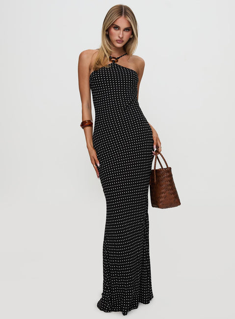 front view of model wearing Princess Polly Evyn Halter Maxi Dress Polka Dot Asymmetric Neckline 