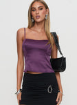 front view of model wearing Princess Polly Marcelline Satin Top Plum Sleeveless Square Neck 