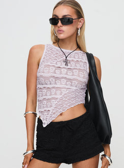 front view of model wearing Princess Polly Tavison Lace Top Pastel Purple Sleeveless Crew Neck 