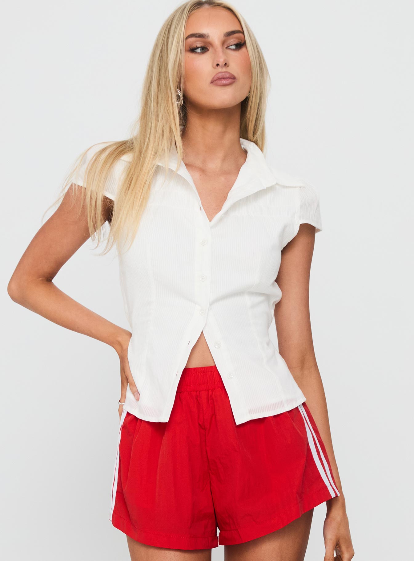 Adulation Ruched Detail Short Sleeve Shirt White