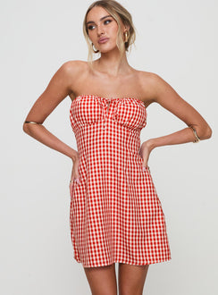 front view of model wearing Princess Polly Double Date Mini Dress Red Gingham Straight Neck 