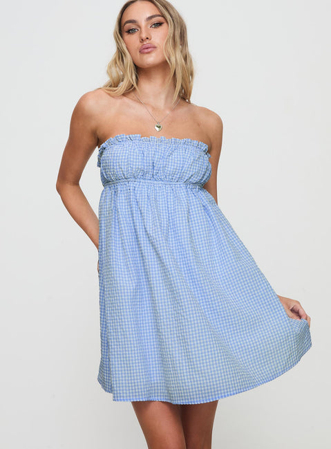 front view of model wearing Princess Polly Wynston Mini Dress Blue Gingham Straight Neck 