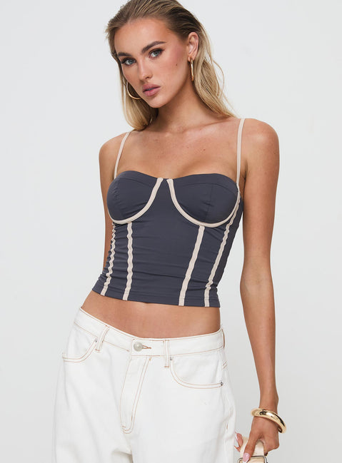 side view of model wearing Princess Polly Tehlie Top Slate Sleeveless Sweetheart 