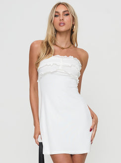 back view of model wearing Princess Polly Khaos Strapless Mini Dress White Straight Neck 