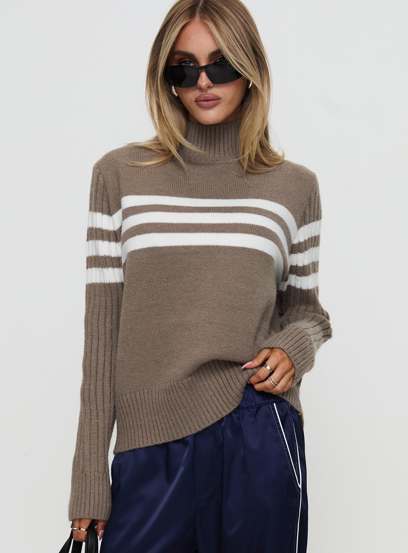 front view of model wearing Princess Polly Bessemer Funnel Neck Knit Sweater Mocha Stripe Long 