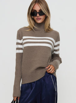 front view of model wearing Princess Polly Bessemer Funnel Neck Knit Sweater Mocha Stripe Long 